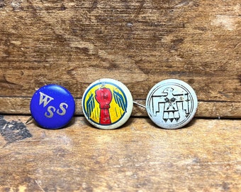 Set of 3 - Antique WWI & WWII Buttons War Savings Stamp - Kellogg Pep 48th Bombardment Squadron - Navy Bombing Fighting  Vintage Pins 1940's