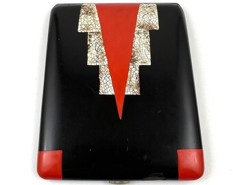 Circa 1920's Vintage Jean Dunand Cigarette Case Lacquered Metal with Inlaid Eggshell - Art Deco Design Lacquer Coquille D'Oeuf - Red Black