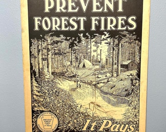 Vintage 1930's Pennsylvania "Prevent Forest Fires It Pays" Poster - Rare PA Dept. of Forests and Waters Print Reverse Artist's Pencil Sketch
