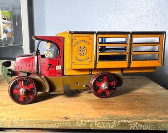 Antique 1920's Marx Windup Tin Toy - Merchants Transfer Mack Truck - Working Condition with Bright Colors - Keywind Litho All Original