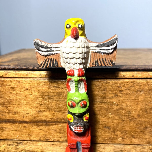 Vintage 1930's Terracotta Alaskan Totem Pole - Marked 1936 Features Eagle or Owl, Rabbit and Bear or Wolf; Small Clay Native American Décor