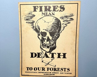 Vintage 1930's Pennsylvania "Fires Mean Death to Our Forests" Poster Rare PA Dept of Forests and Waters Print Reverse Artist's Pencil Sketch