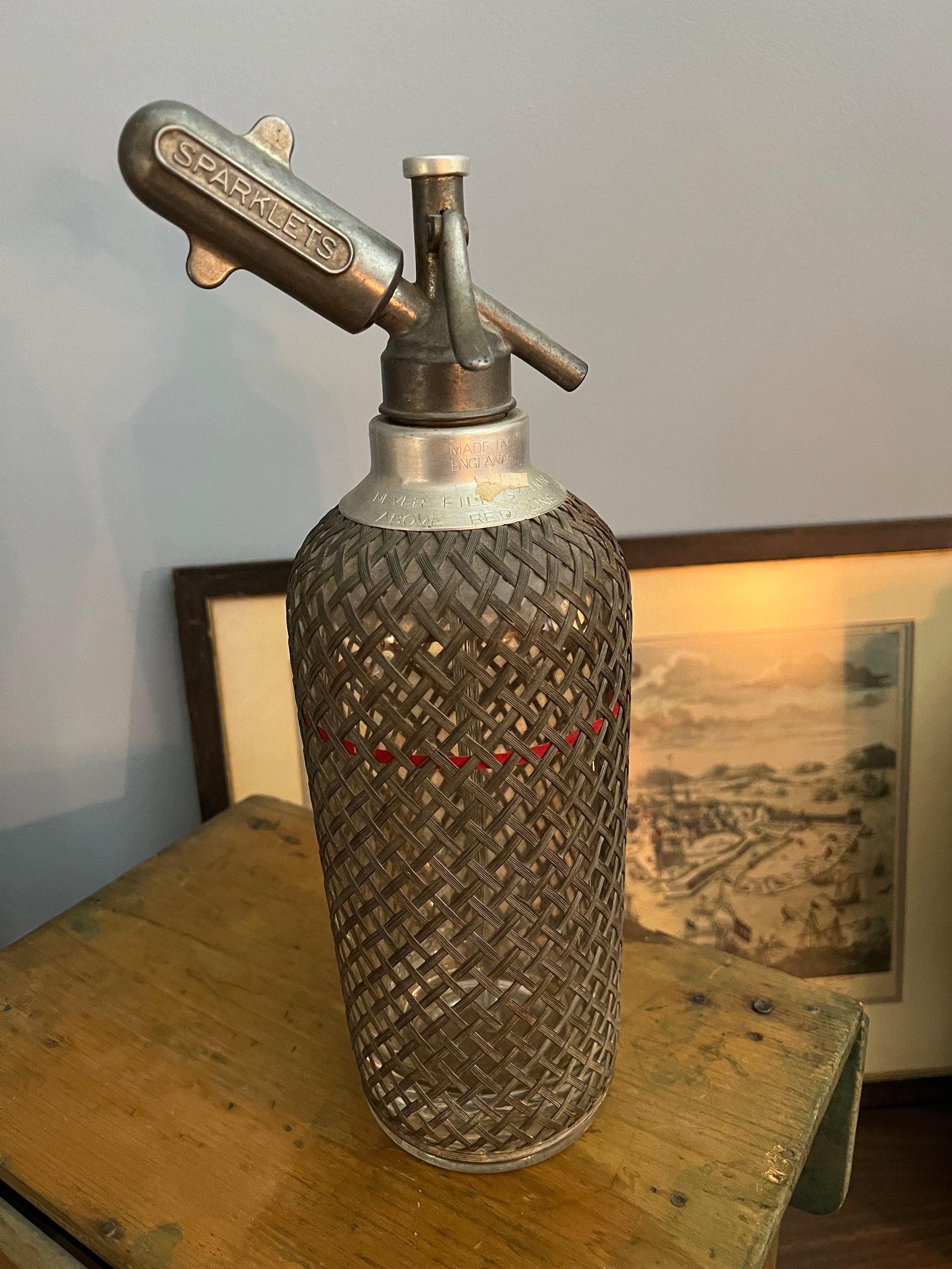 Antique 1920's Sparklets 'C' Size Syphon Glass With Metal Mesh Seltzer Bottle Made in England