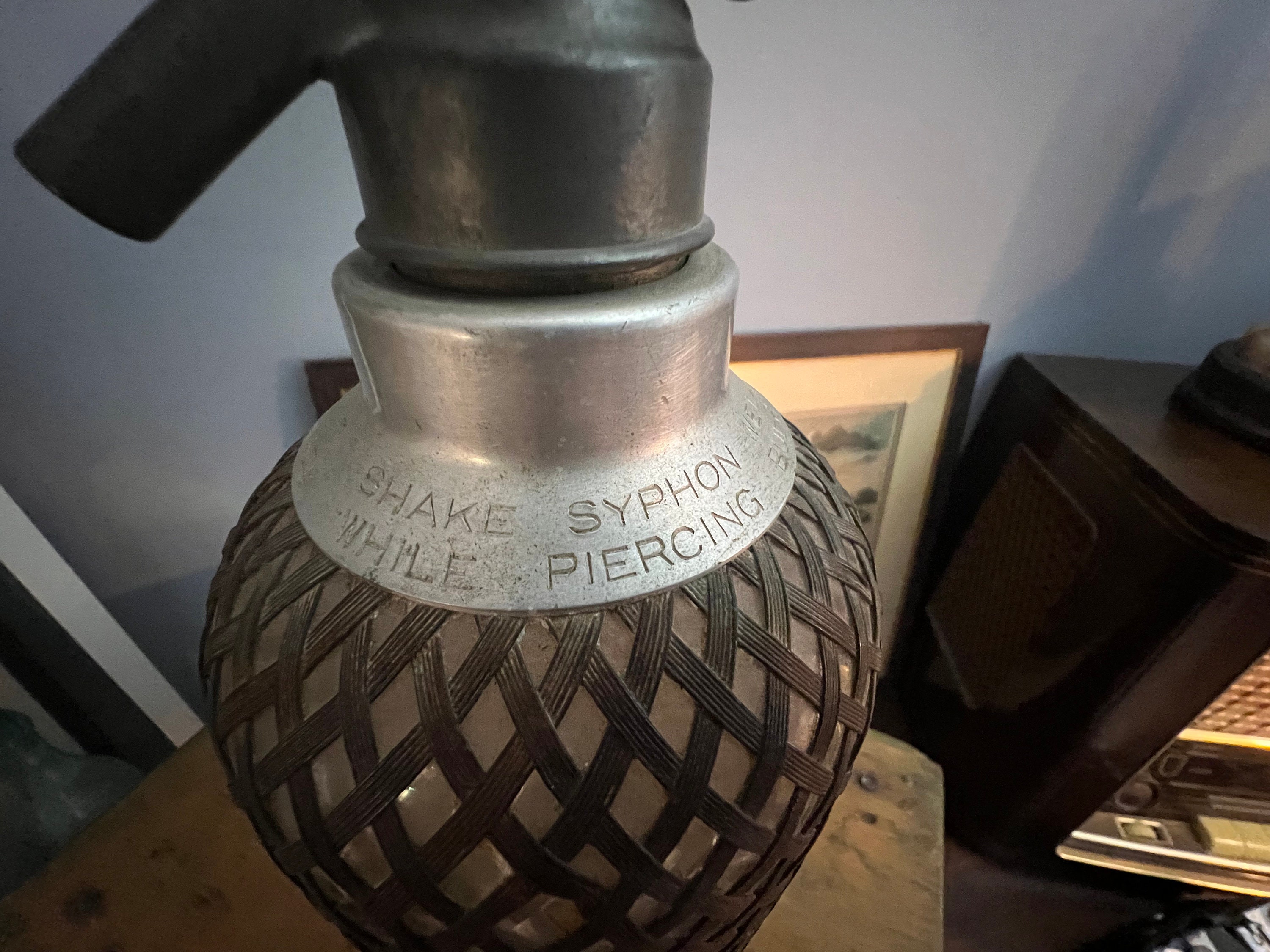 Antique 1920's Sparklets 'C' Size Syphon Glass With Metal Mesh Seltzer Bottle Made in England