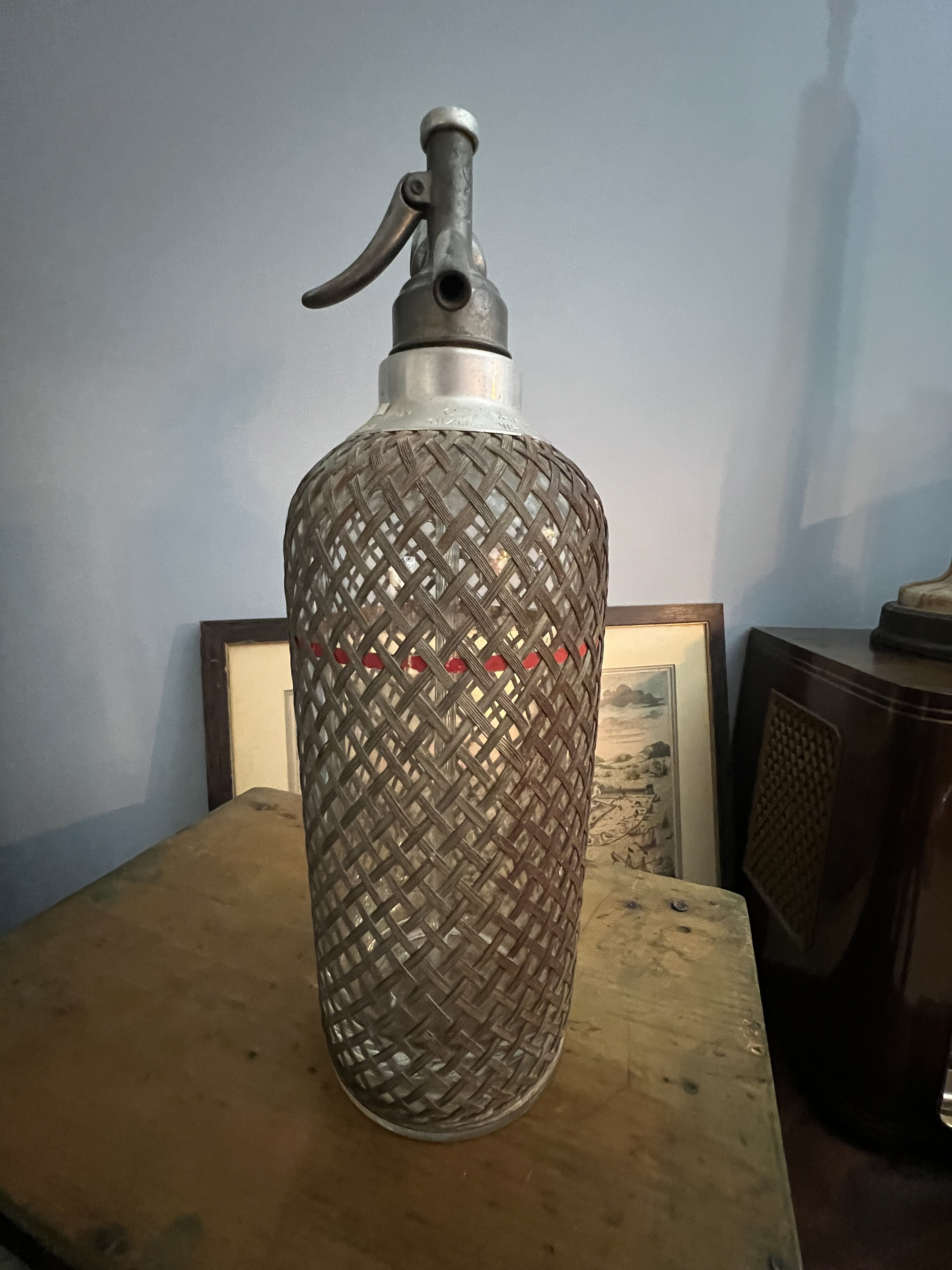 Antique 1920's Sparklets 'C' Size Syphon Glass With Metal Mesh Seltzer Bottle Made in England