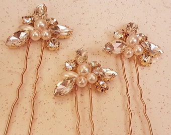 Hairpins Wedding CRYSTAL and pearls  hair Pins, Gold,Silver,Rose Gold Boho Wedding Accessory, Bridal Hair Piece, Bridesmaid leaf Hairpin