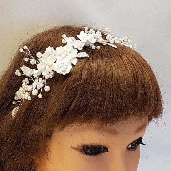 Wedding headband Bridal hair jewellery Pearl Headband White Floral Silver vine headband. Birdcage veil Bride Bridesmaids Prom Pearl headband