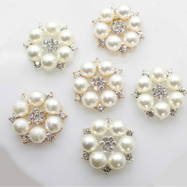 Embellissement de perle Embellissement décoratif argenté ou doré 27 mm Bouton d'embellissement Bricolage Accessoires pour cheveux Fleur perlée Dos plat DIY