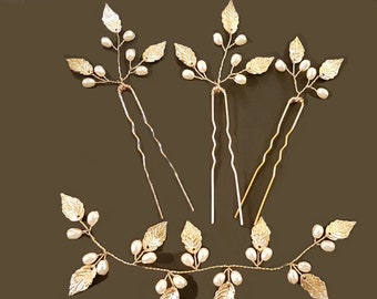 Hair pin, Wedding Leaf & Pearls Vine hair Pins, Gold,Silver,Rose Gold Boho Wedding Accessory, Bridal Hair Piece, Bridesmaid leaf Hair Pin