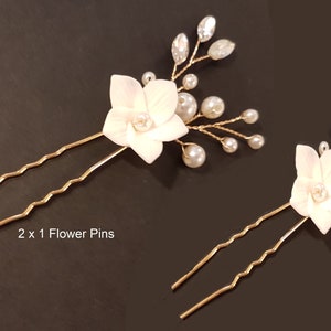 HAIRPINS, Wedding Clay Flower hair Pins Bridal handmade Hairvine pin Bridal Bridesmaids Gold,Silver,Rosegold Floral pins Single or Set of 3 2 x One Flower Pins