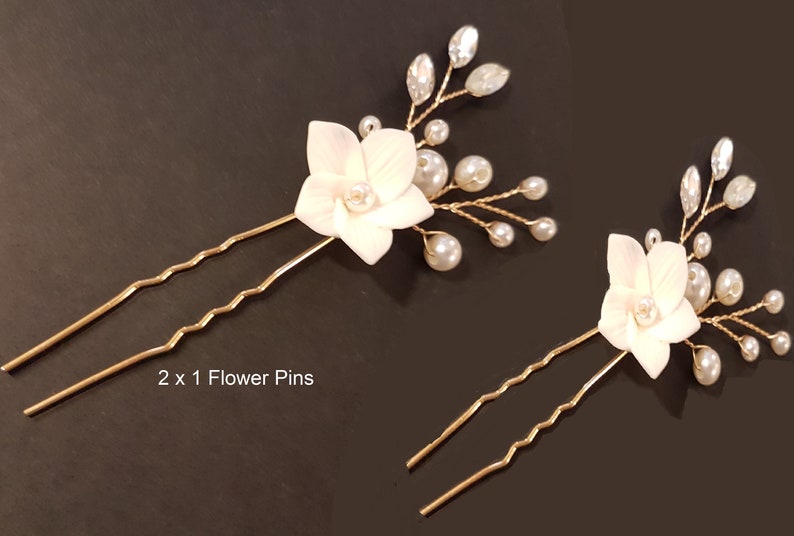 HAIRPINS, Wedding Clay Flower hair Pins Bridal handmade Hairvine pin Bridal Bridesmaids Gold,Silver,Rosegold Floral pins Single or Set of 3 2 x One Flower Pins