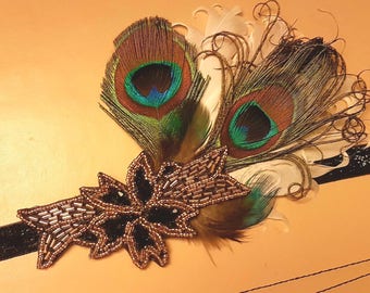 1920s Gatsby Peacock Feather Headband, Crystal Beaded Flapper Fascinator