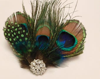 Fascinator di piume di pavone Clip Gatsby Flapper Fascia di cristallo Fascinator Blu/verde Fermaglio per capelli da damigella d'onore da sposa Fermaglio per capelli da sposa