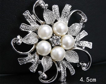 Pearl Brooch, Fashion Silver Plated Wedding Brooch Simulated Pearl Brooch Flower Collar Dressing Hijab Pin Fashion Jewelry 4.0cm brooch pin