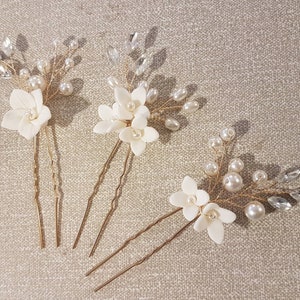 HAIRPINS, Wedding Clay Flower hair Pins Bridal handmade Hairvine pin Bridal Bridesmaids Gold,Silver,Rosegold Floral pins Single or Set of 3 image 3