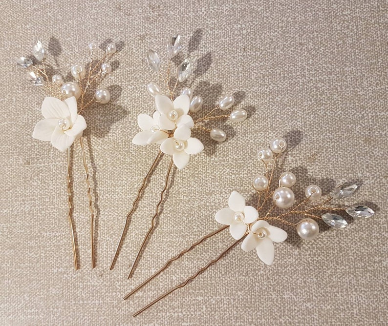 HAIRPINS, Wedding Clay Flower hair Pins Bridal handmade Hairvine pin Bridal Bridesmaids Gold,Silver,Rosegold Floral pins Single or Set of 3 image 3