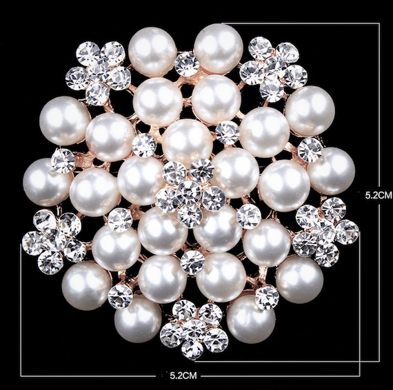 EleganceAccessory Pearl Crystal Brooch. Large 52 mm Silver, Gold Plated Clear Crystal Pearl Flower Brooches Women Wedding Pearl Brooches for Women Wedding