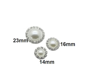 Small & Medium Pearl and Crystal Round 16mm and 23mm round embellishment with pearl centre and crystal border Flat Silver back embellishment