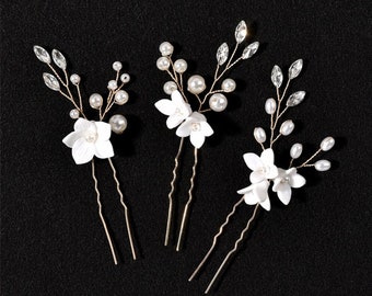 HAIRPINS, Wedding Clay Flower hair Pins Bridal handmade Hairvine pin Bridal Bridesmaids Gold,Silver,Rosegold Floral pins Single or Set of 3
