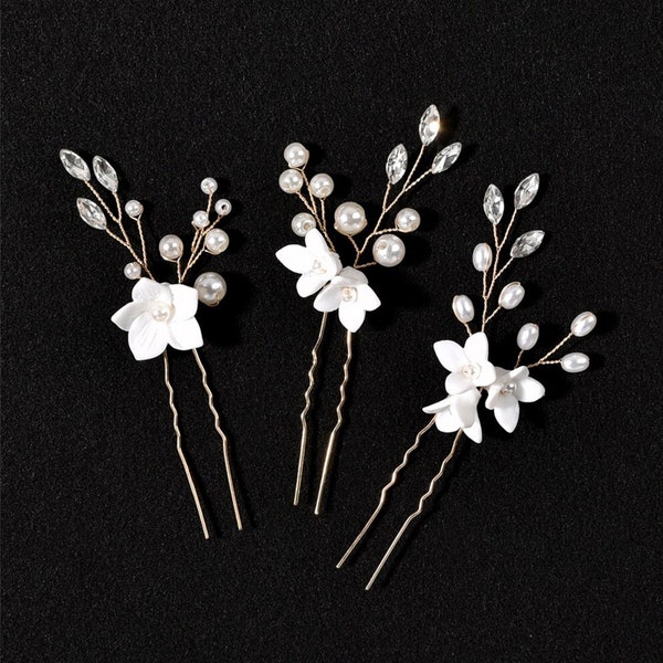 HAIRPINS, Wedding Clay Flower hair Pins Bridal handmade Hairvine pin Bridal Bridesmaids Gold,Silver,Rosegold Floral pins Single or Set of 3