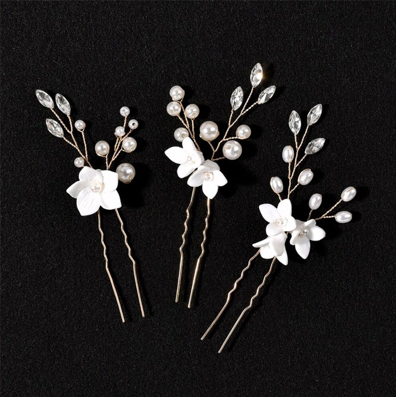 HAIRPINS, Wedding Clay Flower hair Pins Bridal handmade Hairvine pin Bridal Bridesmaids Gold,Silver,Rosegold Floral pins Single or Set of 3 Set of 3 pins