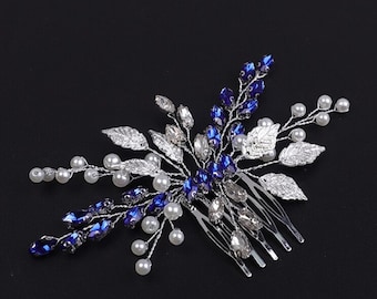 Blue Crystal Bridal Hair comb, Wedding Hair Accessory , Blue Crystal Gold or Silver Leaves, Wedding Hair Accessory