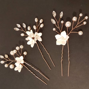HAIRPINS, Wedding Clay Flower hair Pins Bridal handmade Hairvine pin Bridal Bridesmaids Gold,Silver,Rosegold Floral pins Single or Set of 3