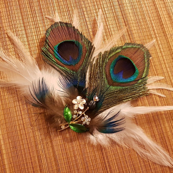 Mariée postiche de bibi de mariée plume plume de paon cheveux clip cristal perle bleu vert pince, accessoire de cheveux, clip de plume de paon