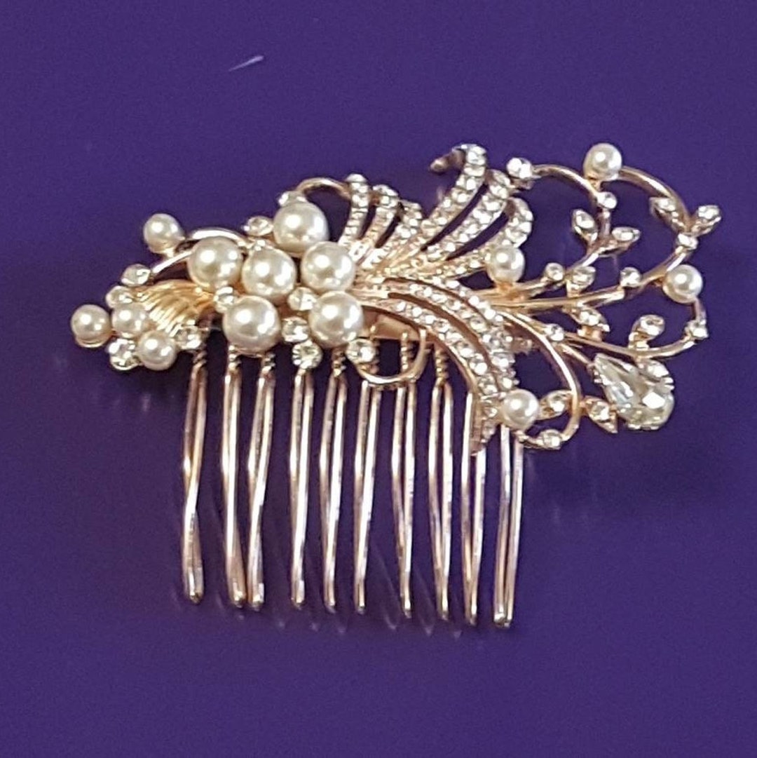 Bridal Hair Comb, Gold Wedding Hair Comb, Bridal Pearl Crystal Hair