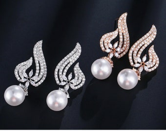 Ohrringe Silber Rosegold Kristall & Perlen Ohrringe Hochzeit Ohrringe Ohrringe für Bräute- Brautjungfer Ohrringe - Perlen Tropfen Ohrring