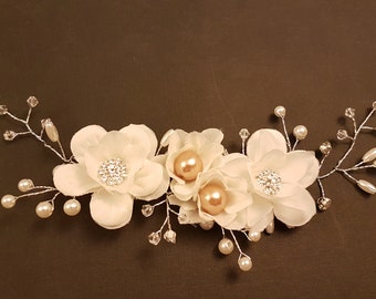 Wedding Hairpiece White flower headpiece White Floral Hair vine Bridal Hair vine. Crystal, Champagne Pearl hair vine  Silver Gold Hair vine.