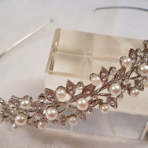 Bridal 1920s Inspired Pearl Tiara Headband  Precious Bridal vintage headband encrusted diamante Leaf  stones and Pearl on silver frame
