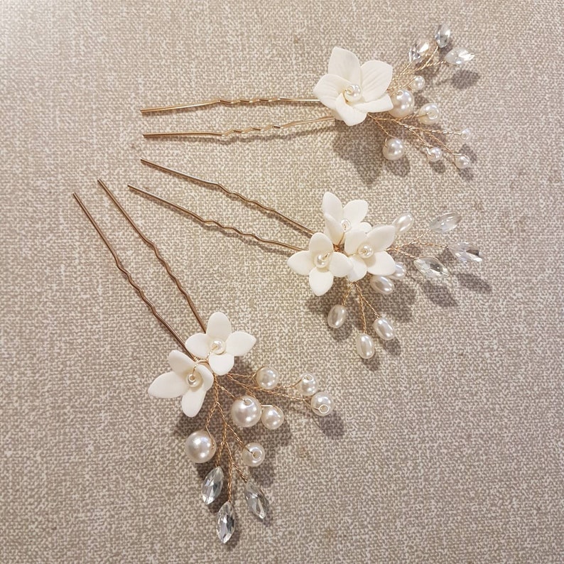 HAIRPINS, Wedding Clay Flower hair Pins Bridal handmade Hairvine pin Bridal Bridesmaids Gold,Silver,Rosegold Floral pins Single or Set of 3 image 4