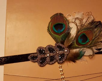 1920s Gatsby  headband Crystal beads Romantic feather Fascinator Bridal hairpiece, hair accessory Bridal Peacock Feather forehead headband,