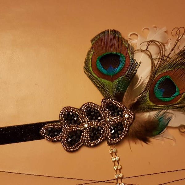 1920s Gatsby  headband Crystal beads Romantic feather Fascinator Bridal hairpiece, hair accessory Bridal Peacock Feather forehead headband,