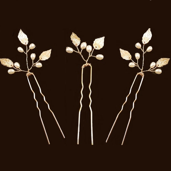 Hairpins, Wedding Leaf & Pearls Hairvine hair Pins, Gold, Silver, Rose Gold Boho Wedding Accessory Bridal HairPiece Bridesmaid leaf Hair pin