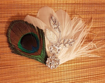 Bridal Peacock Feather hair clipCluster Crystal Blue Green Clip feather Fascinator Bridal hairpiece, hair accessory, Peacock feather clip