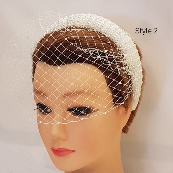Wedding headband  Pearl Headband IVORY Padded Headband with Birdcage veil Bride Bridesmaids Prom Thick Padded Wedding Pearl headband veil