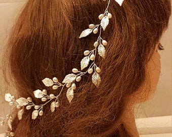 Pearl Bridal Hair Vine, Leaf Wedding Headpiece, Rose Gold Silver Gold