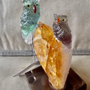 Fluorite Owl Pair on Citrine Crystal  4 1/4"