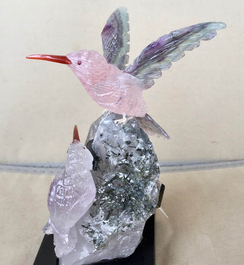 Pair of Hummingbirds of Rose QuartzFluorite and Amethyst 6