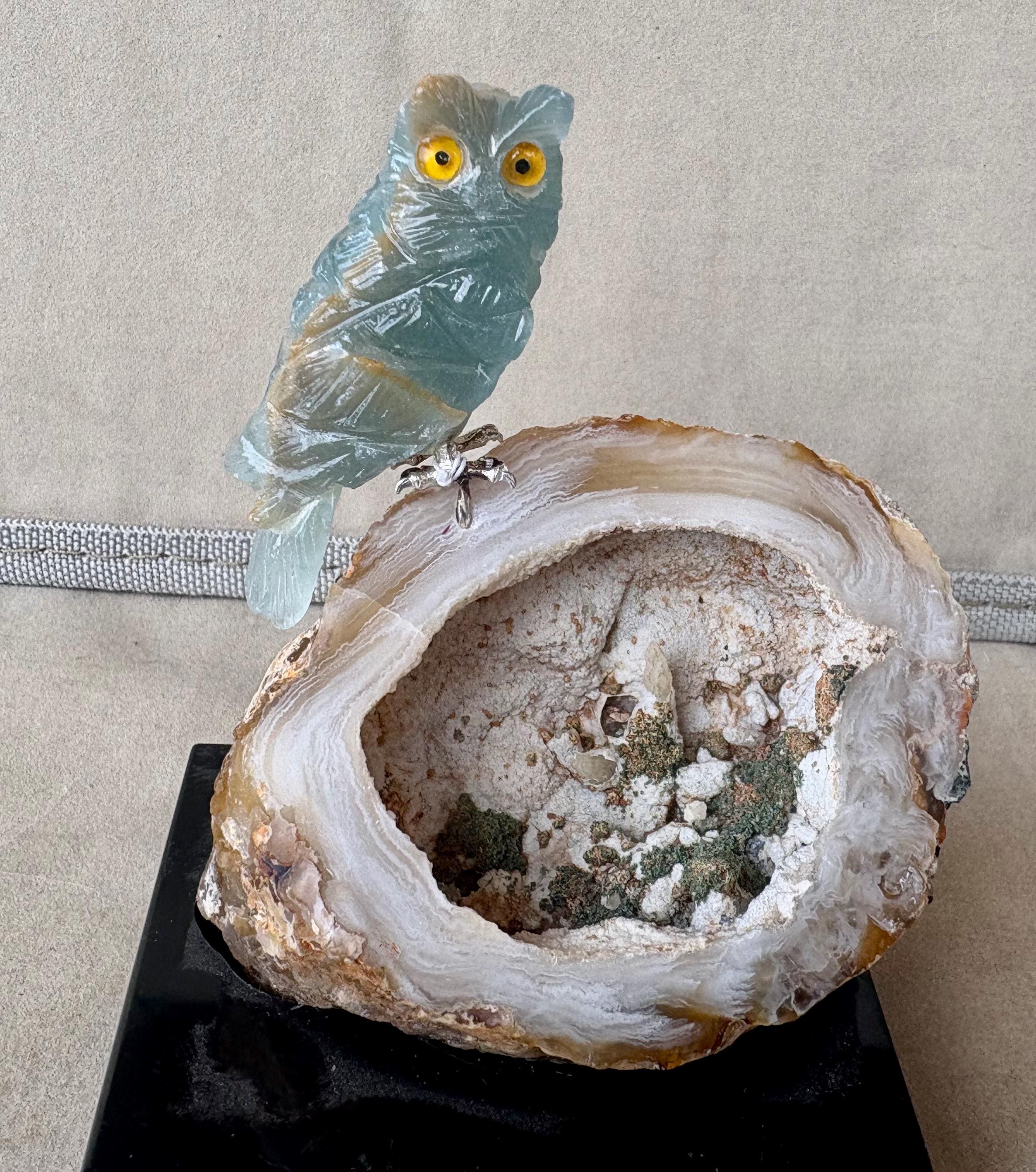 Blue Calcite Owl on Geode. 4 1/4"