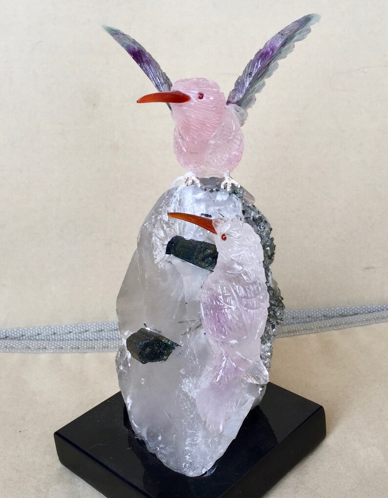 Pair of Hummingbirds of Rose QuartzFluorite and Amethyst 6