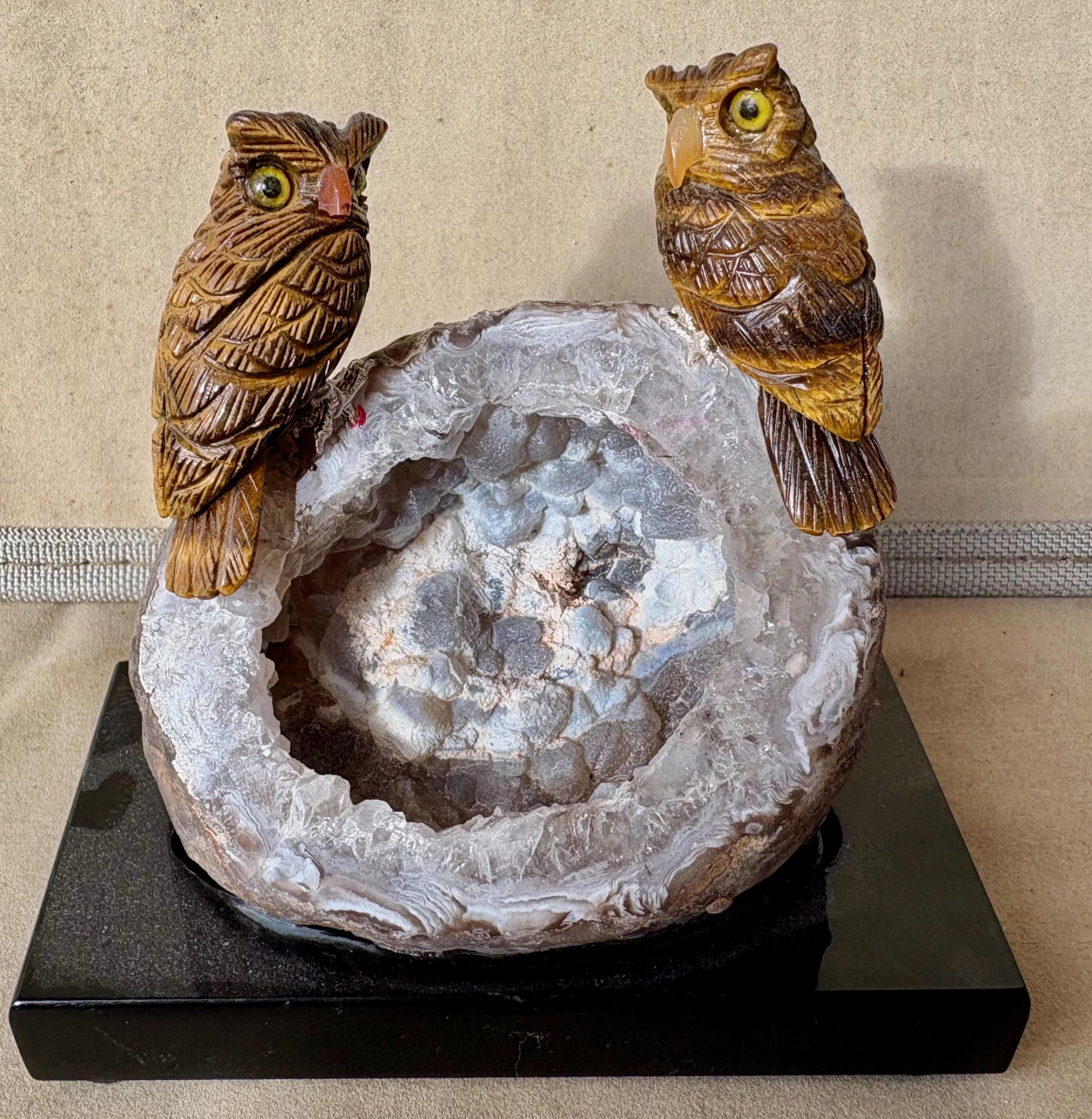 Tiger Eye Owl Pair on Geode 4 1/2"