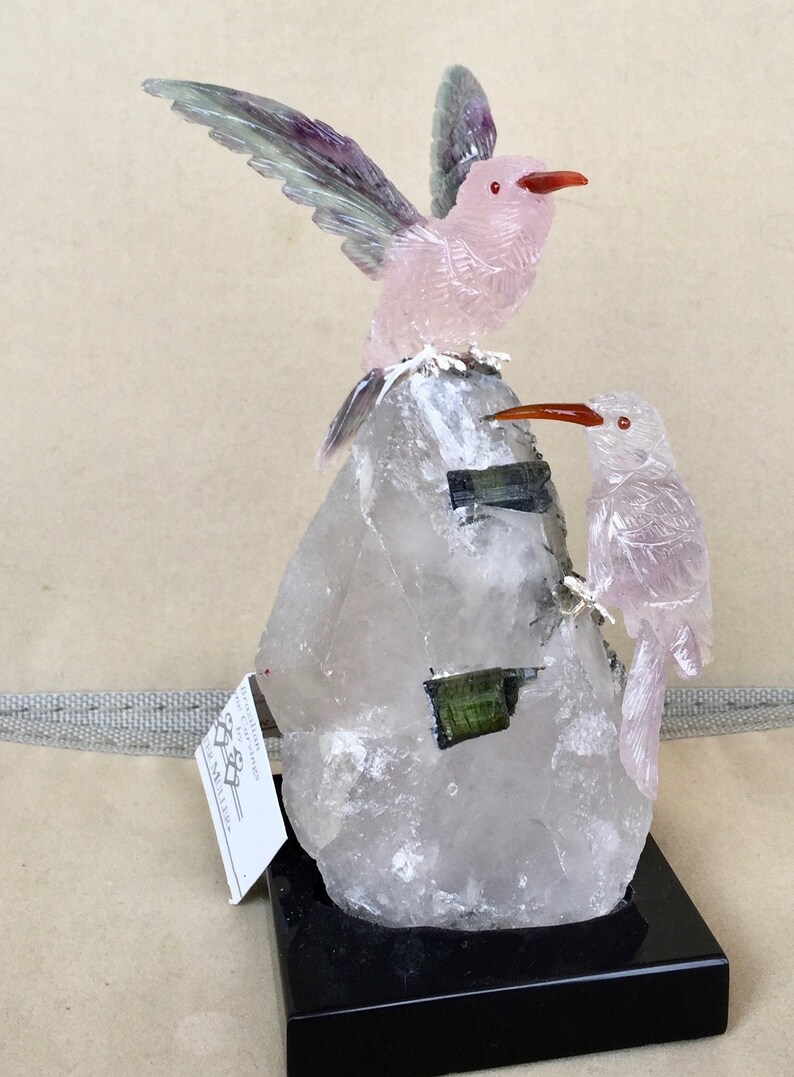 Pair of Hummingbirds of Rose QuartzFluorite and Amethyst 6