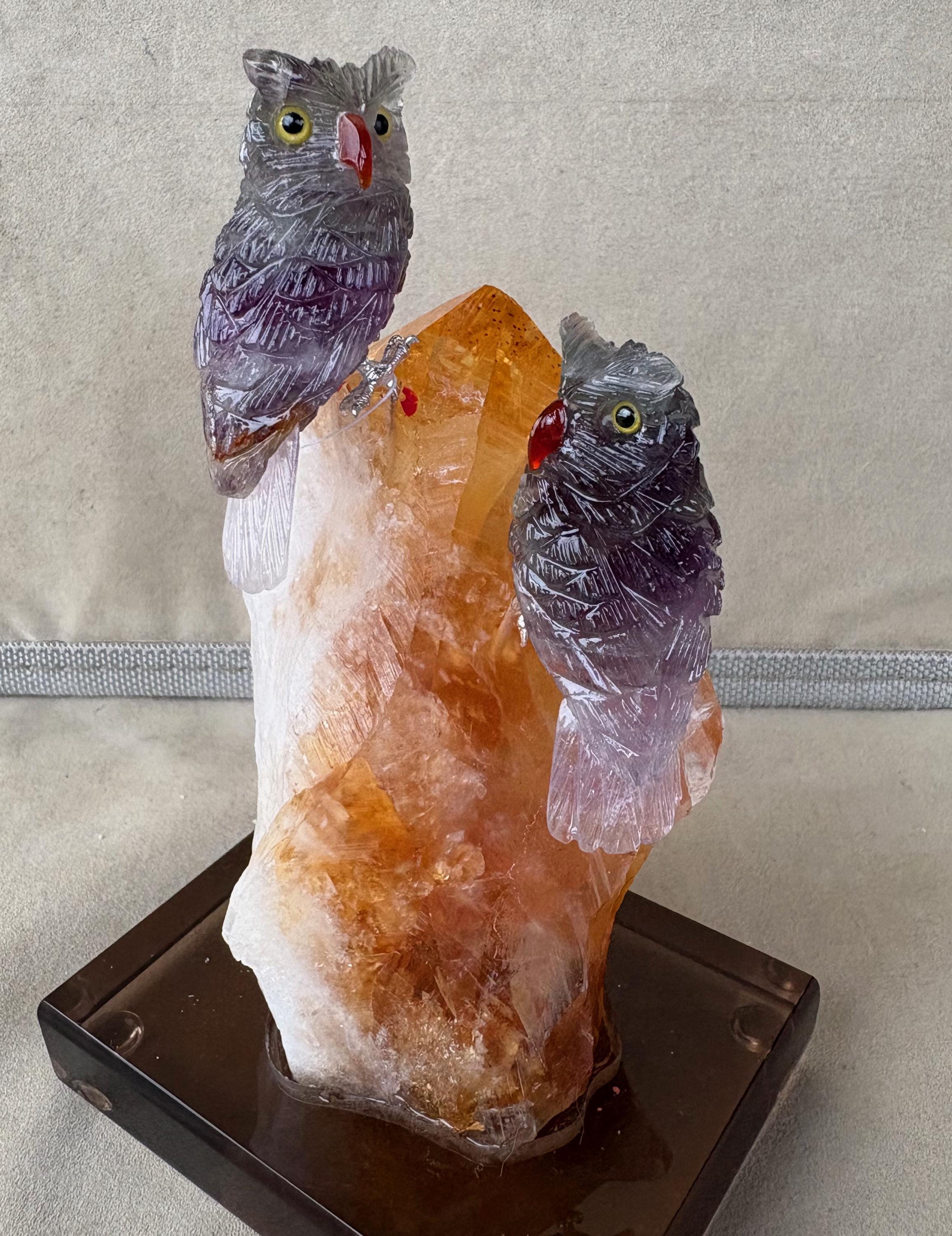 Owl Pair of Fluorite on Citrine"Crystal 5 1/2"