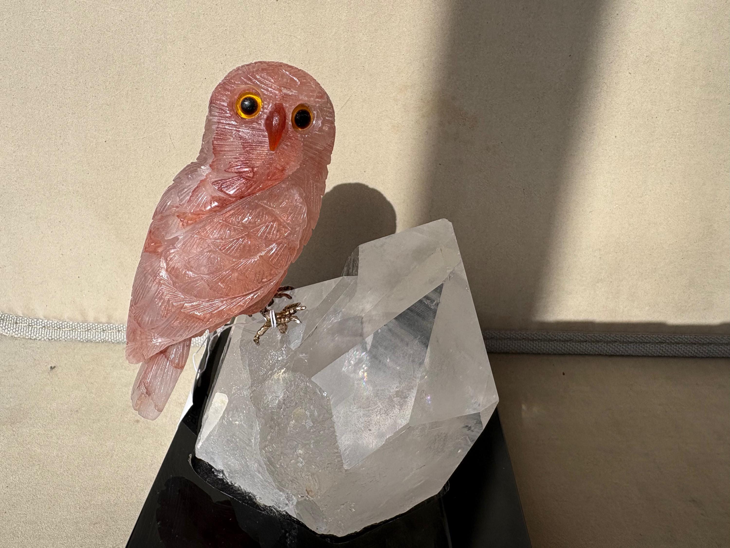 Owl carved from Quartz With Hematite Inclusions 5 1/2"  " Peter Muller