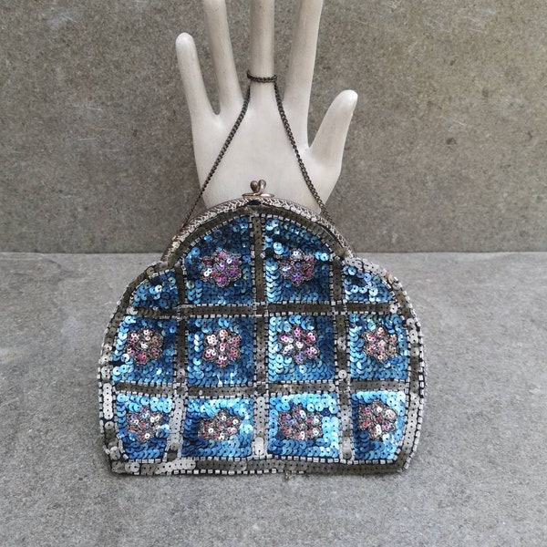 Peacock blue sequinned and bead embroidered purse handbag, vintage mid-20th century