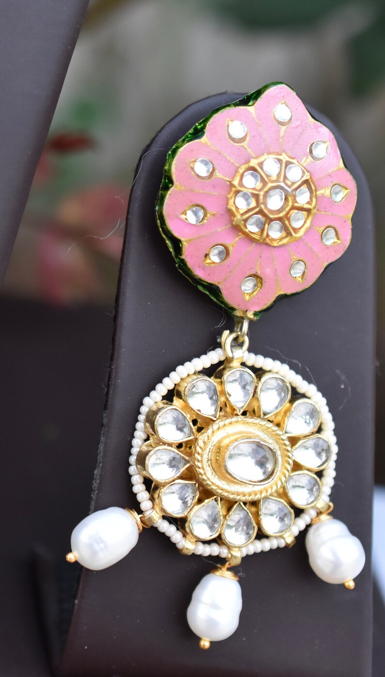 Pink meenakari pendant earring with freshwater pearl and high quality kundan necklace earrings set