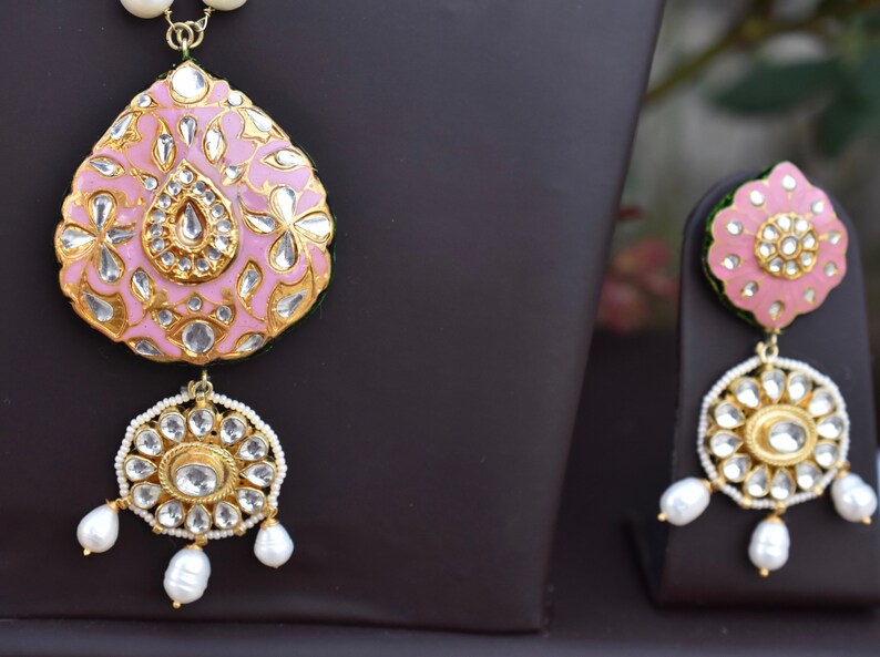 Pink meenakari pendant earring with freshwater pearl and high quality kundan necklace earrings set